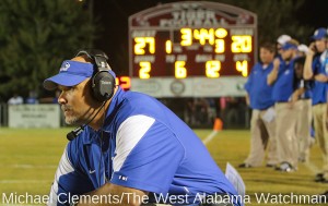Demopolis coach Tom Causey looks on near the end of his team's 27-26 win over Thomasville in 2012.