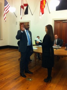 Laurie Hall swears in new Demopolis city councilman Nathan Hardy. 