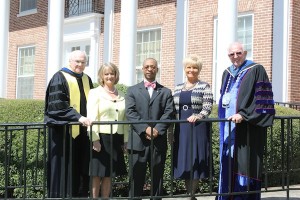 The University of West Alabama inducted three distinguished alumni into the Society of the Golden Key. From left to rightare, UWA Provost David Taylor; Sylvia Burkhalter Homan of Demopolis; Dr. Charles C. Woods of Birmingham; Glenda Sue Moore of Choctaw County, and UWA President Richard Holland.