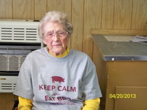  Lucretia Norris, a lifetime member of Jefferson Community Club, dons the club's "Keep Calm and Eat BBQ" t-shirt.