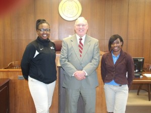 District Judge Wade Drinkard was a featured guest speaker for the Linden High School Assembly regarding the choices and consequences invovled in underage drinking. Judge Drinkard is pictured here with LHS Senior Class Vice President Briana Delaine (l) and LHS Junior Class Vice President Jeannettea Taft (r) who stopped by his office to thank him for taking part in the assembly.