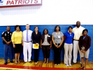 Pictured here after the assembly (l-r) are State Trooper Charles Dysart, MADD Coordinator Pamela Morton, Chief Juvenile Probation Officer Darren Glass, Probate Judge Laurie Hall, WAMHC Prevention Coordinator Sherron Hatcher, WAMHC Intern Christine Dade, LHS Senior Class President Keandra Lewis, LHS Principal Dr. Timothy Thurman, and LHS Junior Class President Jeannettea Taft.