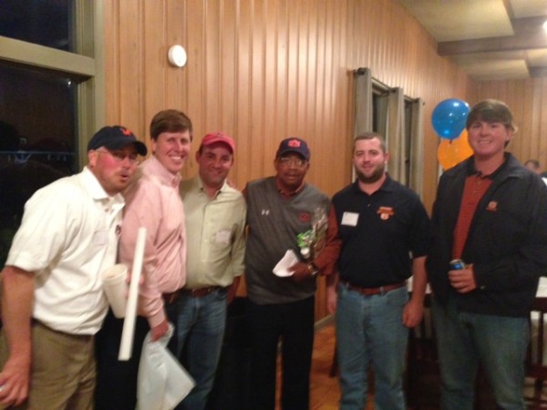 Carey Potter, Jason Windham, Patrick Young, Cornerback Coach Melvin Smith, Corey Windham, and Joey Seale at the Demopolis Country Club Wednesday night. Smith, the cornerbacks coach for Auburn University, spoke to approximately 60 in attendance at the annual scholarship fundraiser hosted by the Marengo County Auburn Club.