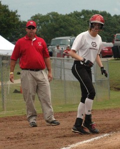 (Photo from Cullman Times) Wayne Harris watches as one of his Good Hope players edges off of third base. Harris, a Demopolis native, earned ASWA Class 3A Coach of the Year honors this season.