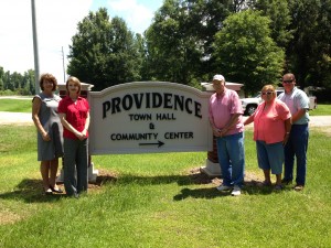 Pictured with the new Providence sign are Diane Brooker of the Alabama Power Foundation, Brenda Tuck of the Marengo County Economic Development Authority, Providence mayor John Ed Crawford Sr., Providence councilwoman Faye Porter and Marengo County Commissioner John Crawford Sr.