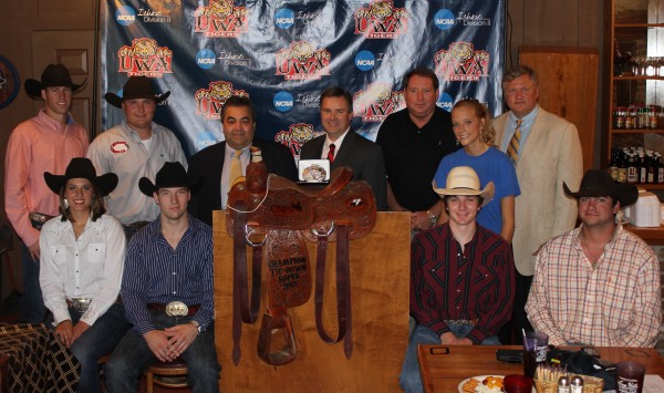 Pictured L to R: (First row) Cheree Cooper, member of UWA Rodeo team; Blade Elliot, member of UWA Rodeo team; Andy Phillips, member of UWA Rodeo team; and Jake Gillian, member of UWA Rodeo team. (Second row) Justin Caylor, UWA Interim Head Rodeo Coach; Zach Wilson, member of UWA Rodeo team; Mike Davis, Chemical Waste Management senior district manager of Emelle Facility; Stan Williamson, UWA director of Athletics; Dave Mason with Waste Management; Morgan Konkler, member of UWA Rodeo team; and Rene Faucheux, Government and Community Affairs manager of Waste Management Gulf Coast Area.