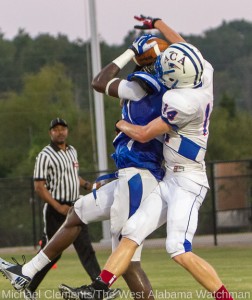 Cortez Lewis comes down with a jump ball to set up an early Demopolis touchdown Friday night against American Christian. 