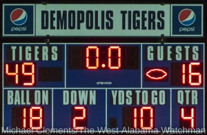 The scoreboard at Tiger stadium shows the final score of the game between the Demopolis Tigers and Thomasville Tigers.