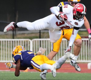 Jacksonville State junior DaMarcus James (32) rushes for 126 yards and a touchdown against Tennessee Tech on Saturday. James also completed a 36-yard pass on the day. His one touchdown run gives him five straight games with at least one TD and a total of 11 in his last four games. 