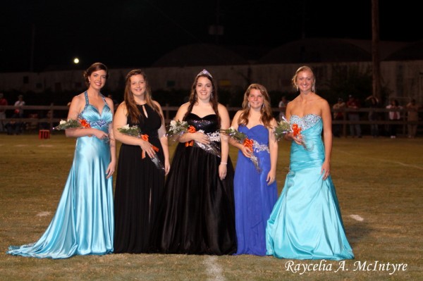 The 2013 Homecoming Queen and court....Sophomore maid Natalie Parker. Natalie is the daughter of Heather Parker and the late Gena Pugh Parker. Senior maid Conner Etheridge. Conner is the daughter of Brett and Barbara Etheridge. Queen Nicole Parten. Nicole is the daughter of Greg and Kathy Parten. Senior maid Chandler Stenz. Chandler is the daughter of Danny and Pam Stenz. Junior maid Andrea Edmonds. Andrea is the daughter of Duane and Robin Edmonds.