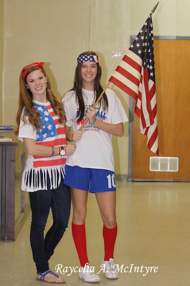 (Photo by Raycelia McIntyre) Friday was "America Day"  at Marengo Academy in honor of our service men and women. Haley Mitchell and Anna Michael Crocker display their red, white and blue.
