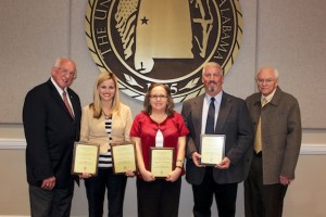 The University of West Alabama recognized three outstanding members of its faculty and staff on Monday. Pictured left to right are UWA President Richard D. Holland; Assistant Professor of Speech and Journalism Dr. Amy H. Jones; College of Business Faculty Secretary Sieglinde Fleming; Head Baseball Coach Gary Rundles; and UWA Provost David M. Taylor.