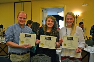  UWA students Caleb Walters, Shelby Campbell and Hayley Taylor won first place in the onsite competition for public relations at SEJC. Campbell also won first place in best multi-media journalist competition.