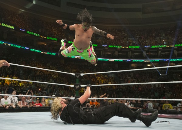 Jimmy Uso connects with his signature top rope splash on WWE Superstar Seth Rollins at the company's Money in the Bank pay-per-view last year.