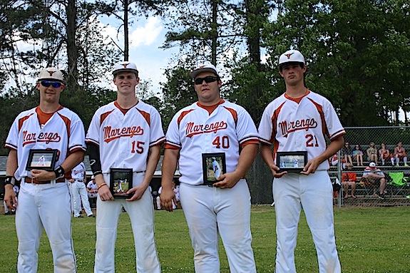 (Photo by Collin Sheffield) Marengo Academy honored the senior quartet of Brant Lewis, Wyatt Hale, Cole Allen and Micah Agee prior to Thursday's double-header.