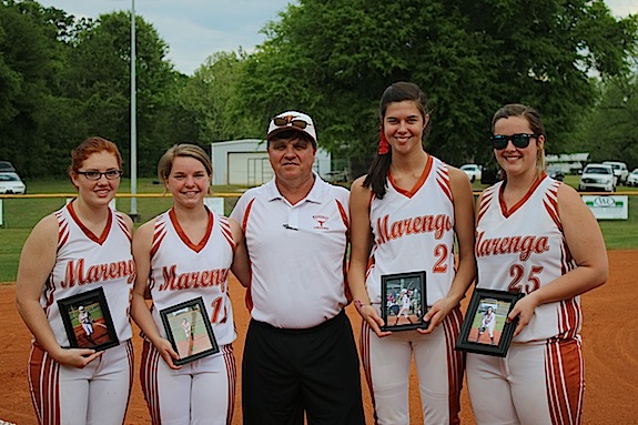 (Photos courtesy Collin Sheffield)  Marengo Academy honored seniors Caitlin Andrews, Chandler Stenz, Brooke Smyly and Conner Etheridge prior to Monday's win over Tuscaloosa Academy. They are pictured here with MA coach Danny Stenz.