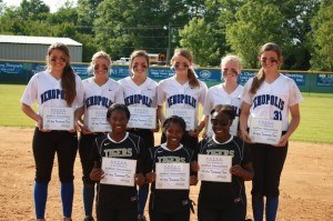 Demopolis players Natalie Tatum, Cameron Thomason, Anna Caroline Logan, Courtney Smith, Hannah Malone and Abbey Latham earned All-Tournament honors Friday. They are pictured here with Greenville players Tankeria Durant, Danisha Durant and Kenyatta Peterson.