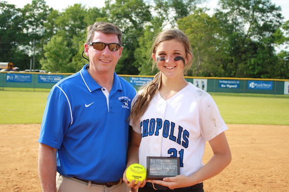 Abbey Latham alongside Demopolis High principal Dr. Tony Speegle after the 2014 area tournament in which she earned MVP honors.