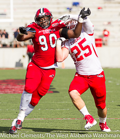 Chris Landrum works against fellow Sweet Water alum Ty Morgan during a 2014 matchup between Jacksonville State and UWA.