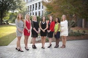 The seven young women elected by the student body to represent the University of West Alabama during Homecoming festivities are (left to right) sophomore maid Erin Jimerson of Butler, Ala.; Lilli Martin of Meridian, Miss.; Kaleigh Henders of Greensboro, Ala.; Sydney Matthews of Meridian, Miss.; Hannah McDaniel of Carrollton, Ala.; Tamara Smoot of Meridian, Miss.; and freshman maid Brooke Ames of London, Ohio.