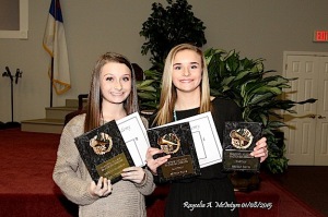 Receiving awards for junior high cheerleaders are: Emily Freeman – Christian Leadership Award; Brittan Davis – Academic Award and Captain. The academic award is awarded to the 9th grader with the highest overall GPA. The Captain Award is voted on by the team. These two young ladies also were recognized and received a certificate for being selected as an UCA All-American at cheer camp this past summer. The awards were presented by their coach, Mrs. Leah Moore. 