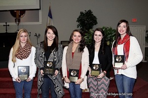 Receiving awards for varsity volleyball are: Malorie Hall – Christian Leadership Award; Kimberly Moore - Academic Award; Amber Ray – Most Improved; DeAnn Honeycutt – Best Attitude; Natalie Parker – Longhorn Award.  The academic award is awarded to the senior with the highest overall GPA. The Captain Award is voted on by the team. The awards were presented by their coach, Mrs. Barbara Etheridge.