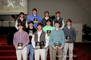 Receiving awards for junior high football are: (front) William Drake – Hustle Award; Hutson Breckenridge – Academic and Best Offensive Lineman; Daniel McCray - Christian Leadership; (middle) Ethan Biggs –Most Improved Player;  Frankie Martin - Best Offensive; Alex Owens – Best Defensive Player; (back) Davis Petrey – Best Offensive Back; Carson Etheridge – Most Improved Lineman; Austen Day – Coaches Award; hunter Parker –Most Improved Player. The academic award is awarded to the 9th grader with the highest overall GPA. The Captain Award is voted on by the team. The awards were presented by their coach, Coach Robby James. 