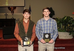 Receiving awards for varsity football are: Hayden Hall – Academic and Carson Huckabee - Christian Leadership. The academic award is awarded to the senior with the highest overall GPA. The awards were presented by their coaches, Coach Robby James and Coach Webb Tutt. 