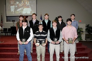 Receiving awards for varsity football are: (front) DJ Nettles – Most Improved Defensive Player, Andrew Martin – Hustle Award & Best Defensive Back, Alston Dinning – Best Defensive Back, Cason Cook – Best Defensive Lineman; (back) Hayden Hall - Best Defensive Player, Kyle Friday – Coach Award, Thomas Etheridge – Coach Award, Wallace Tutt – Longhorn Award, Carson Huckabee – Head Hunter Award.  The awards were presented by their coach, Coach Robby James. 