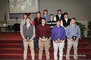 Receiving awards for varsity football are: (front) Landon Houlditch – Iron Man Award, Dalton Etheridge – Most Improved Offensive Player, Josh Holifield – Best Offensive Back, Carson Huckabee – Best Offensive Lineman; (middle) Tyler  Barkley – Coach Award, Ralph Langley – Comeback Player of the Year, Andrew Martin – Head Hunter Award, Weldon Aydelott –Hustle Award; (back) Hayden Huckabee – Best Offensive Player, Tait Sanford – Coach Award. Not Pictured Shade Pritchett – Best Receiver. The awards were presented by their coach, Coach Robby James. 