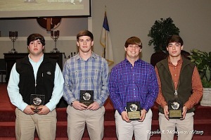 Receiving “The Captain” awards for the 2014 varsity football season are Tait Sanford, Carson Huckabee, Josh Holifield, Hayden Hall, Shade Pritchett (not pictured). The Captain Award is voted on by the team. The awards were presented by their coach, Coach Robby James. 