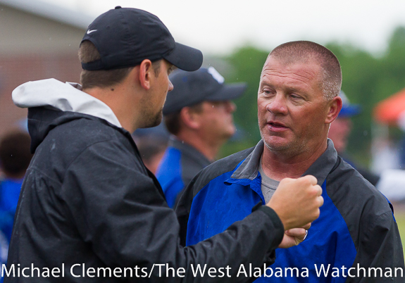 Demopolis coach Stacy Luker talks with defensive coordinator Drew Luker. The Tigers are set to face Hillcrest-Tuscaloosa in the Champions Challenge at Cramton Bowl in Montgomery Thursday, Aug. 18 at 7 p.m.
