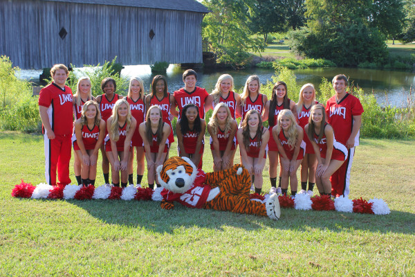 The University of West Alabama cheerleaders include: (front row from left) Abby Cook, Kelsey Davis, Hannah Davis, Quintana White, Michaela Cox, BreAnna Johnson, Libby Hankins, and Toni Wood. (Back row from left) Hunter Griffin, Tadie Phillips, Tasia Davis, Tanika Smith, Tia Lang, Nick Kosier, Maci Lankford, Elizabeth Jones, Kylee Koch, Bethany Harris, and Daniel Manning. The University's mascot LUie is Kevin Williams. (Contributed Photo)