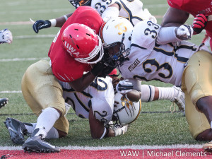 Rashaad Lee crosses the goal line for a touchdown against Stillman College.