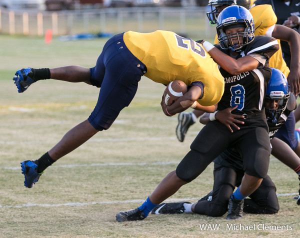 Dequan Birl slings an Aliceville ball carrier. Birl had seven tackles, including five for loss and a sack in the contest.