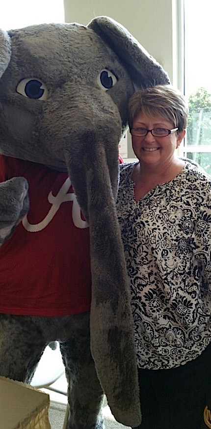 Big Al visited the Cancer Center at Bryan Whitfield Hospital Thursday. He is shown here with Dottie Trotter of Linden.