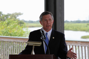 Conservation Commissioner N. Gunter Guy Jr. speaks to members of the media at 5 Rivers Delta Resource Center in Spanish Fort about the state budget situation that could significantly impact the DCNR’s management of Alabama’s natural resources. Commissioner Guy said all operations within the four divisions of the Conservation Department would be affected. (Photo by David Rainer)
