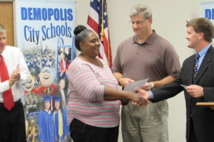 Demopolis Middle School lunchroom worker Brenda Moore with Board Member Jim Stanford