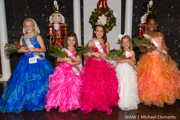 Members of the Little Miss Christmas on the River 2015 court are (L-R): third alternate Kylie Elizabeth Stokes, second alternate Emma Rae Claire Dahl, Little Miss COTR 2015 Millie Grace Hill, first alternate Claire Elisabeth Hasty and fourth alternate Kni'Aamoa Shaniese Taylor.