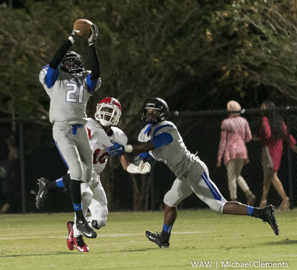 10-09-2015 - Demopolis, Ala. - Demopolis' A. J. Collier makes the first of two interceptions against Central-Tuscaloosa.