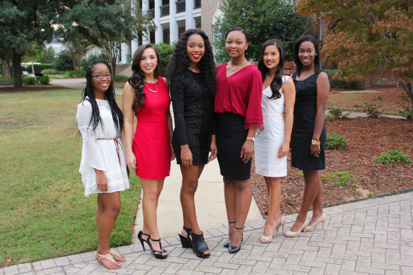 The seven young women elected by the student body to represent the University of West Alabama during Homecoming festivities are (left to right) freshman maid Ashley Hardy of Greensboro, Ala.; Sydney Matthews of Meridian, Miss.; Adrianna Stanton of Columbus, Miss.; Tierra Williams of Fulton, Ala.; Paige Ip of Meridian, Miss.; and sophomore maid Niya Crawford of Pell City, Ala. Not pictured: Jessica Smyth of Clayton, Ind. (Contributed Photo)