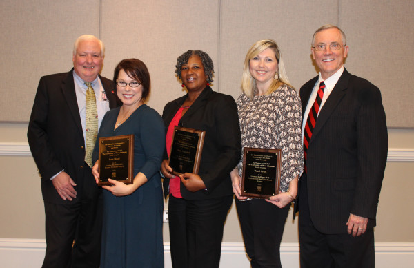 McIlwain Bell Awards 2016: UWA Provost Tim Edwards (left) and UWA President Ken Tucker (right) congratulate the recipients of the 2016 Mcilwaine Bell Awards. The recipients are, from left, Dr. Lesa C. Shaul, Trustee Professor Award; Rosie Campbell, Support Staff Excellence Award, and Traci Craft, Professional Staff Excellence Award. (Contributed Photo)