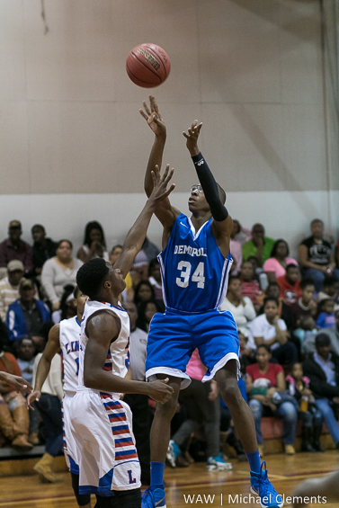 (Photo by Michael Clements - WAW) Demopolis' Nelson Haskin hoists a shot on the road at Linden Friday. 