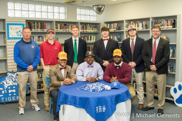 Demopolis High School celebrated all of its athletic signees Wednesday. Pictured are football signees Jamarcus Ezell (Tuskegee), Rahmeel Cook (Army), Jay Craig (Tuskegee), athletic director Stacy Luker, golf commit Mark Joseph Johnson (UWA), soccer signee Adam Brooker (UAB), football player Jacob Rodrigues (Huntingdon College), baseball commit Luke Yelverton (Spring Hill College) and DHS principal Chris Tangle.