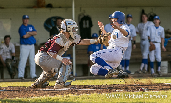 4-22-2016 - Demopolis, Ala. - On an extremely close play, Wesley Holemon was safe at the plate on this play against Alabama Christian Academy to give the Tigers a 3-1 lead in game one.