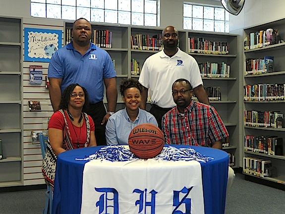 Demopolis High School coaches Tony Pittman and Ronnie Abrams with DeeDee White and her parents Jennifer and Detrich White. DeeDee signed with Lurleen B. Wallace out of Andalusia.