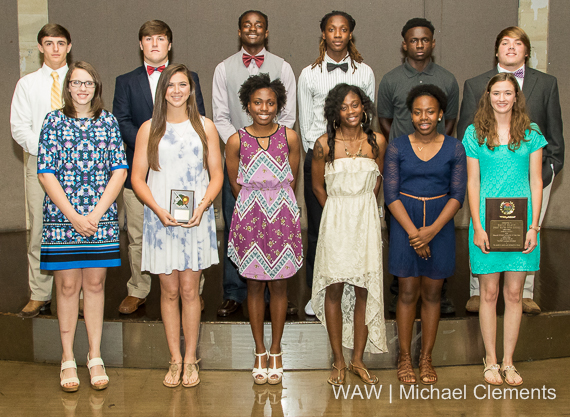 5-17-2016 - Demopolis, Ala. - Awards for the Marengo County Student-Athletes of the Year were presented at the Demopolis Civic Center on Tuesday night. Female finalists were (front, L-R) Victoria Belcher (Marengo Academy), Abbey Latham (Demopolis High School), Tomysha Boykin (Linden High School), Tiffany Barber (A.L. Johnson High School), Alton James (Marengo High School) and Emily Black (Sweet Water High School). Male finalists were (back, L-R) Andrew martin (Marengo Academy), R.J. Cox (Demopolis High School), Taylor Herelle (A.L. Johnson High School), C.J. Robinson (Linden High School), Cordarius Pritchett (Marengo High School) and Wynn Thompson (Sweet Water High School).
