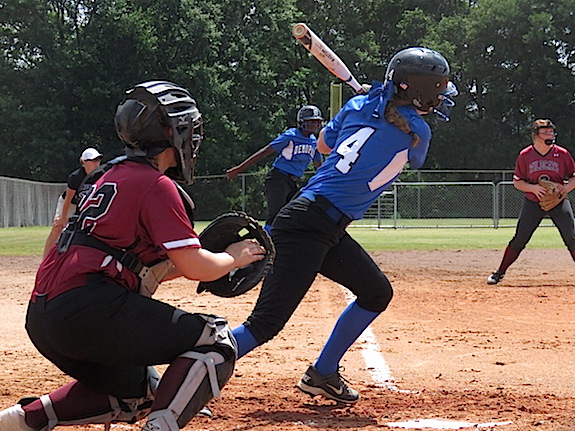 Taylor Smith drives in Bria Brown for a run during Demopolis's 4-3 over Shelby County Friday.