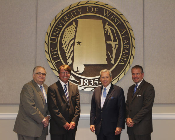 The University of West Alabama Board of Trustees elected new officers to lead the governing body for the next three years. Pictured left to right are Secretary Hal Bloom, Treasurer Justin Smith, President Jerry Smith, and Vice President Randall Hillman. All four men are UWA alumni. (Contributed Photo)