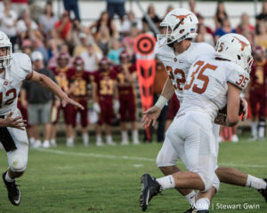 08-26-16 -- Linden, Ala. -- Marengo QB Jacob Beck (22) hands the ball off to Weldon Aydelott (35) as Robert Tutt (12) comes behind for the fake in Friday's AISA match-up in Linden, Ala. Marengo beat the Senators by a final score of 42-6. (WAW | Stewart Gwin)